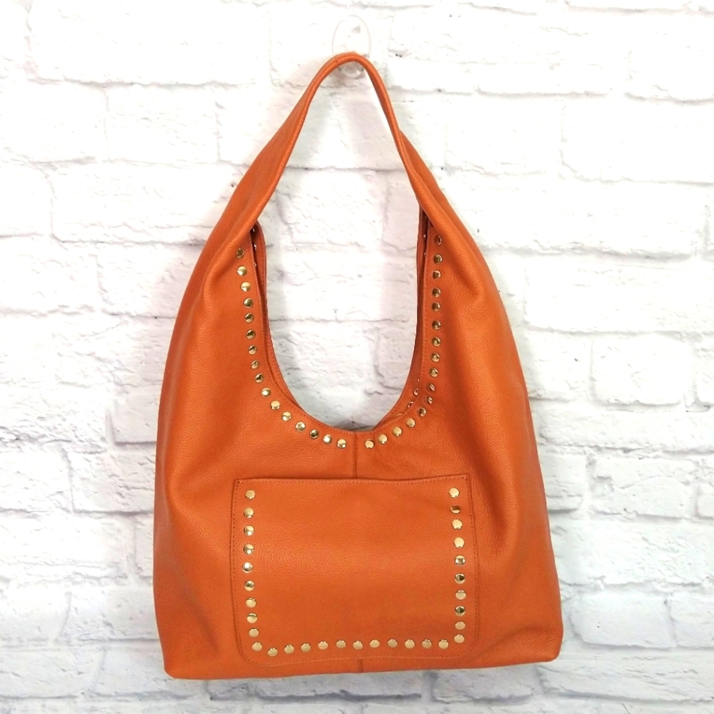 Laggo camel pebbled leather studded hobo bag